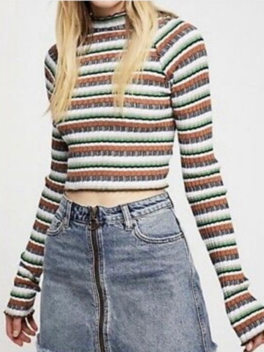 Free People - XS Ribbed Stripe Cropped Long-Sleeve Top - Green/Brown/White